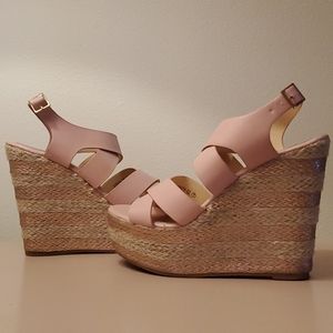 Pink stripe wedge shoes
